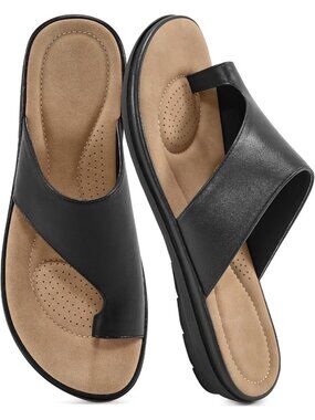 Women's Black Leather Summer Flats Dressy Slides Soft Orthopedic Casual Shoes